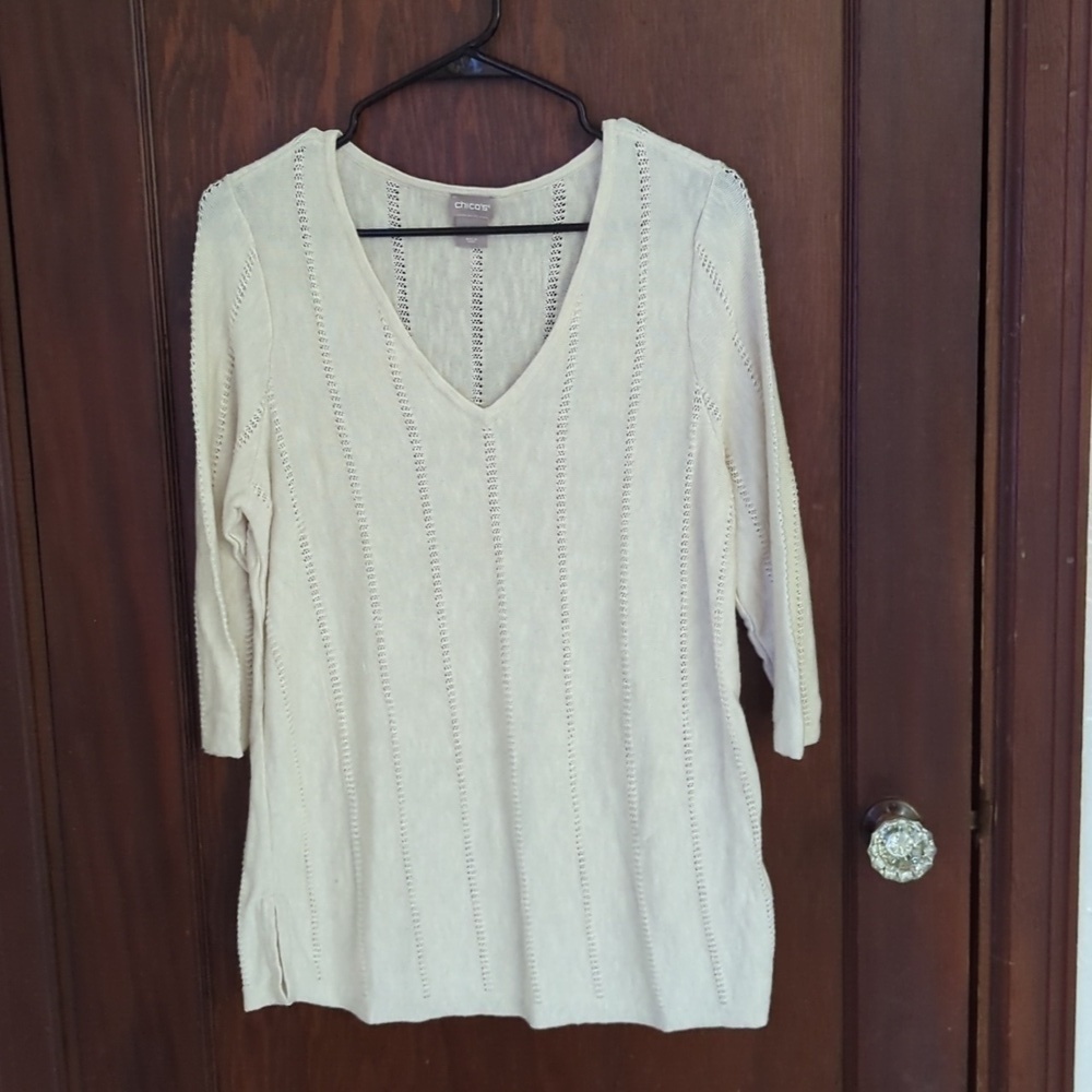 Chico's Off White 3/4 Sleeve V Neck Lightweight Sweater Blouse Size LP